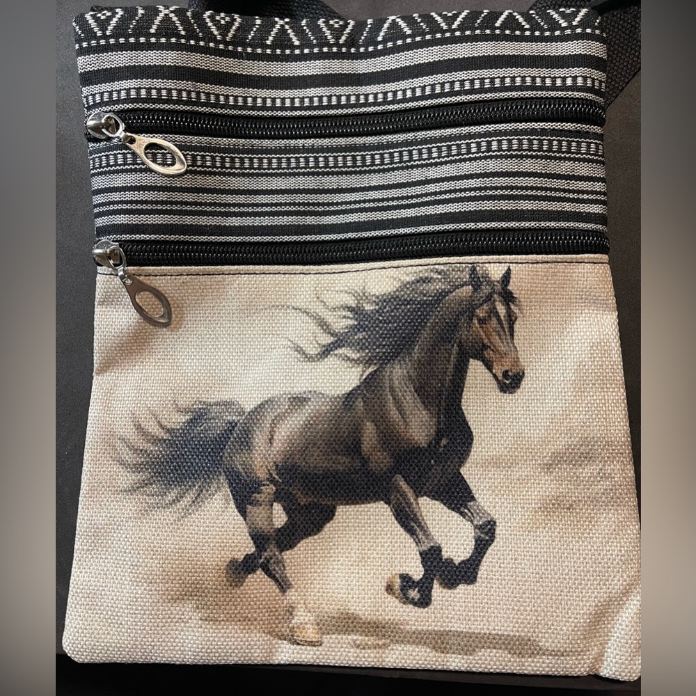 Horse Print Oil Painting Styled Crossbody Bag, 2 Side Zip Pockets 9.5x8 NEW